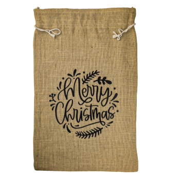 Hier ist der große Jutebeutel von vorne zu sehen mit dem Motiv Merry Christmas