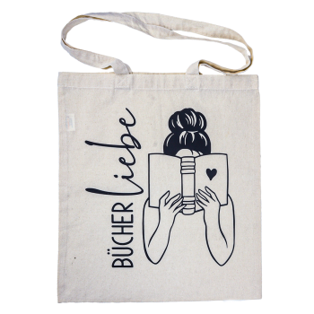 Eine Tasche wird von vorne gezeigt. Der Beutel hat ein Motiv, was passend für Bücherliebhaber ist.