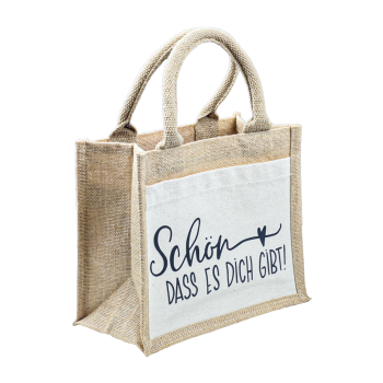 Hier die kleine Baumwolltasche von der Seite gut sichtbar mit der Aufschrift